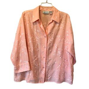 Apparenza Peach 3/4 Sleeve Dressy Button Down Top with Floral Embroidery Size 2X